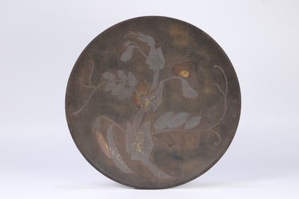 DAMASCENED IRON DISH WITH BEAN AND FLOWER MOTIF