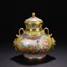 COPPER PAINTED-ENAMEL GILT-DECORATED COVERED JAR