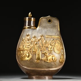 SILVER-GILT "MARKET SCENE" POWDER FLASK