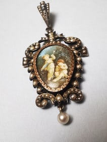 COURT JEWELRY PENDANT WITH MINIATURE PAINTING AND BAROQUE PEARL, GOLD AND SILVER OVERLAY