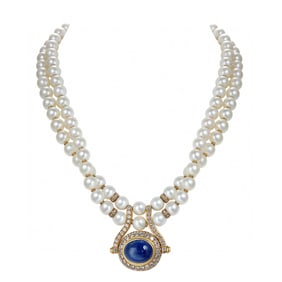 1970S AKOYA PEARL AND DIAMOND DOUBLE-ROW NECKLACE WITH ROYAL BLUE SAPPHIRE