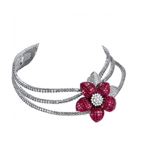 DESIGNER 18K GOLD PAVE RUBY AND DIAMOND COLLAR NECKLACE