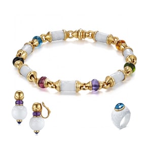 BULGARI "CHANDRA" HIGH JEWELRY 18K GOLD AND CERAMIC NECKLACE, EARRINGS AND RING SUITE