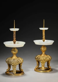 A PAIR OF GILT-BRONZE OIL LAMPS