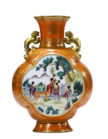 A CORAL-RED GROUND GILDED FAMILLE-ROSE 'FIGURE' VASE