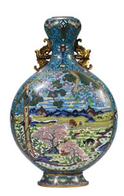 A CLOISONNE ENAMEL 'HERDING BOY' MOONFLASK