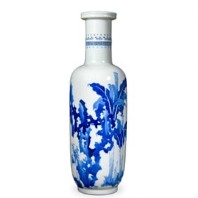 A BLUE AND WHITE 'PLANTAIN AND ROCKS' VASE