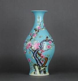 A TURQUOISE-GREEN GROUND FAMILLE ROSE 'FLOWERS, BIRDS AND POETRY' OLIVE-SHAPED VASE