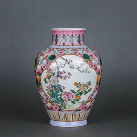 A RUBY-RED GROUND FAMILLE ROSE MEDALLION 'FLORAL' JAR
