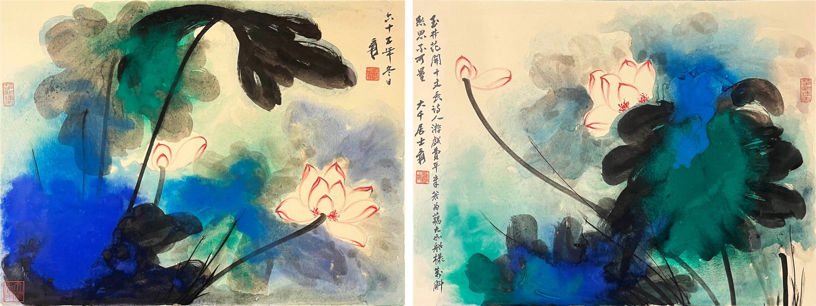 ZHANG DAQIAN (1899-1983), ATTRIBUTED TO, LOTUS (DIPTYCH): ZHANG DAQIAN (1899-1983), ATTRIBUTED TO, LOTUS (DIPTYCH) Dimensions: 61 x 82 x 2 cm (24.02 x 32.28 x 0.79 in.). All measurements are approximate.