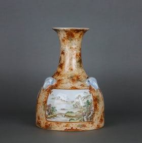 A STONE-EFFECT GLAZED MEDALLION FAMILLE ROSE 'LANDSCAPE AND THREE GOATS' VASE
