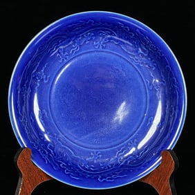 A BLUE-GLAZED INCISED 'DRAGON' DISH