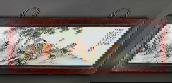 A FAMILLE ROSE 'ZHONG KUI MARRYING OFF HIS SISTER' PORCELAIN PLAQUE