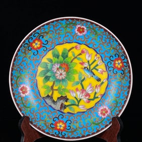 AN ENAMEL 'FLOWERS AND BIRDS' DISH