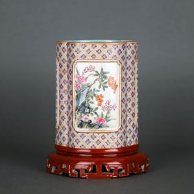 A FAMILLE ROSE MEDALLION 'FLOWERS AND POETRY' BRUSH POT WITH BASE