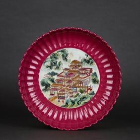 A RUBY-RED GLAZED FAMILLE ROSE 'LANDSCAPE AND PAVILION'  DISH