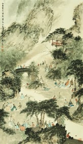 FU BAOSHI (1904-1965), ATTRIBUTED TO, ELEGANT GATHERING IN STREAMSIDE GARDEN