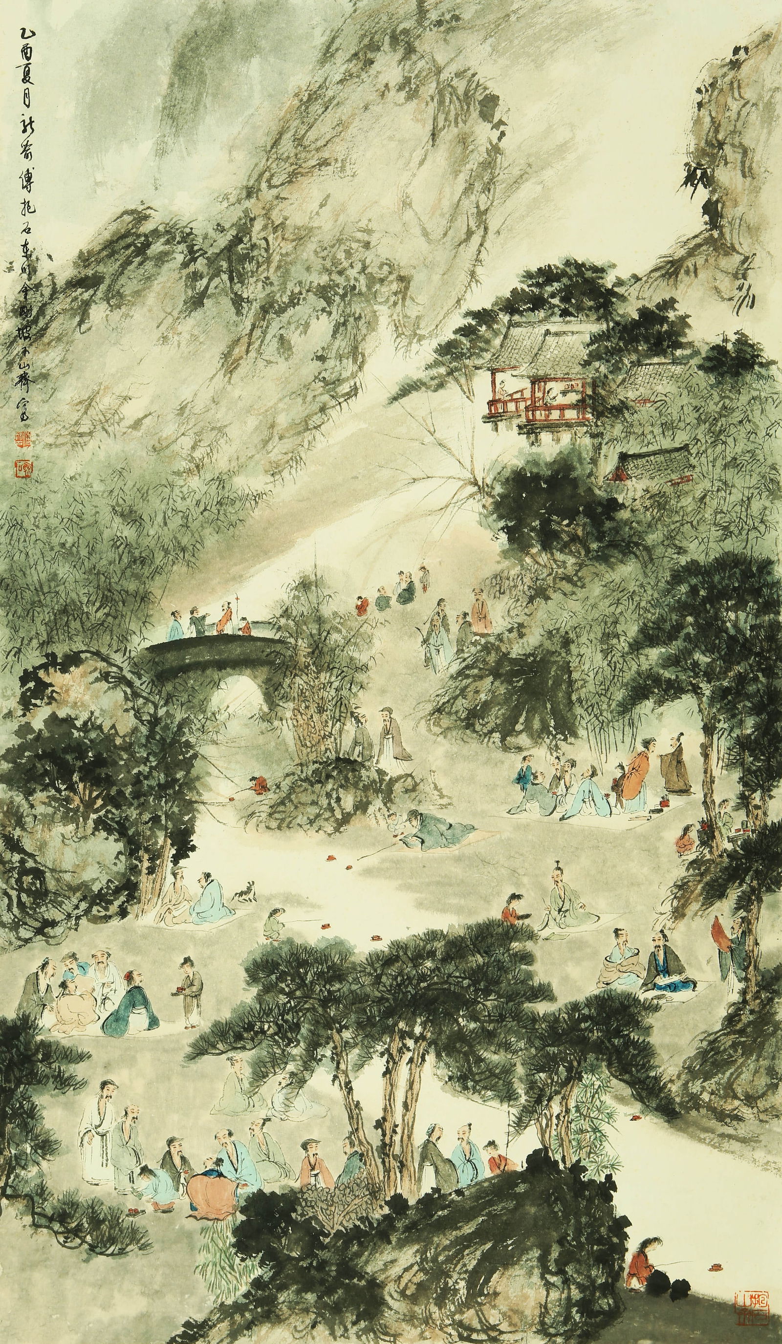 FU BAOSHI (1904-1965), ATTRIBUTED TO, ELEGANT GATHERING IN STREAMSIDE GARDEN: FU BAOSHI (1904-1965), ATTRIBUTED TO, ELEGANT GATHERING IN STREAMSIDE GARDEN Dimensions: 103 x 60 cm (40.55 x 23.62 in.). All measurements are approximate.