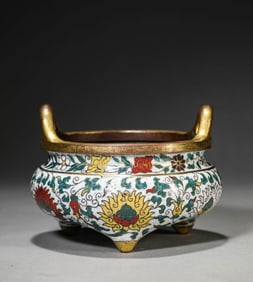 A CLOISONNé ENAMEL 'FLORAL' CENSER WITH UPRIGHT HANDLES