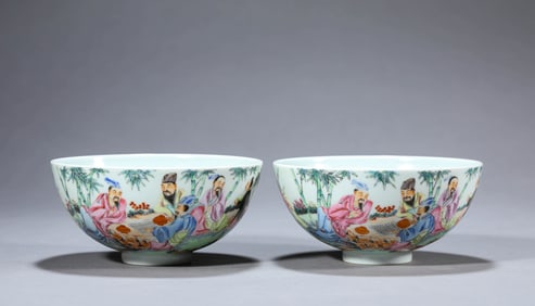 A PAIR OF FAMILLE-ROSE 'SEVEN SAGES OF BAMBOO GROVE' BOWLS