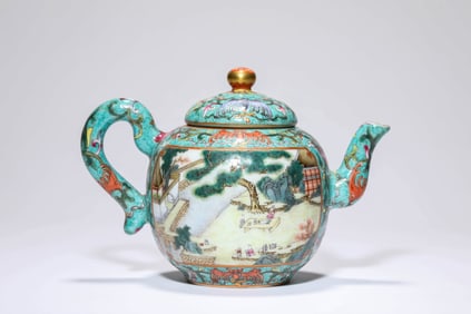 A TURQUOISE-GROUND FAMILLE-ROSE 'FIGURE-AND-POEM' EWER
