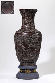 A WOODEN 'FLORAL AND FIGURE' VASE