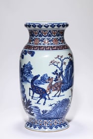 A BLUE AND WHITE WITH UNDERGLAZE-RED 'DEER-AND-PINE' LANTERN ZUN