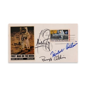 NEIL ARMSTRONG, BUZZ ALDRIN & MICHAEL COLLINS SIGNED "FIRST MAN ON THE MOON" FIRST DAY COVER,
