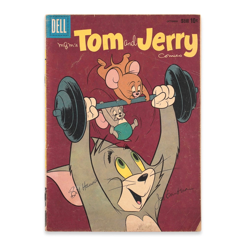 BILL HANNA AND JOE BARBERA SIGNED TOM AND JERRY COMIC BOOK: 10 1/4 x 7 1/4 in (26 x 18.3 cm) This signed Tom and Jerry comic book represents a foundational artifact from the golden age of American animation. As the creators of Tom and Jerry, Bill Hanna and