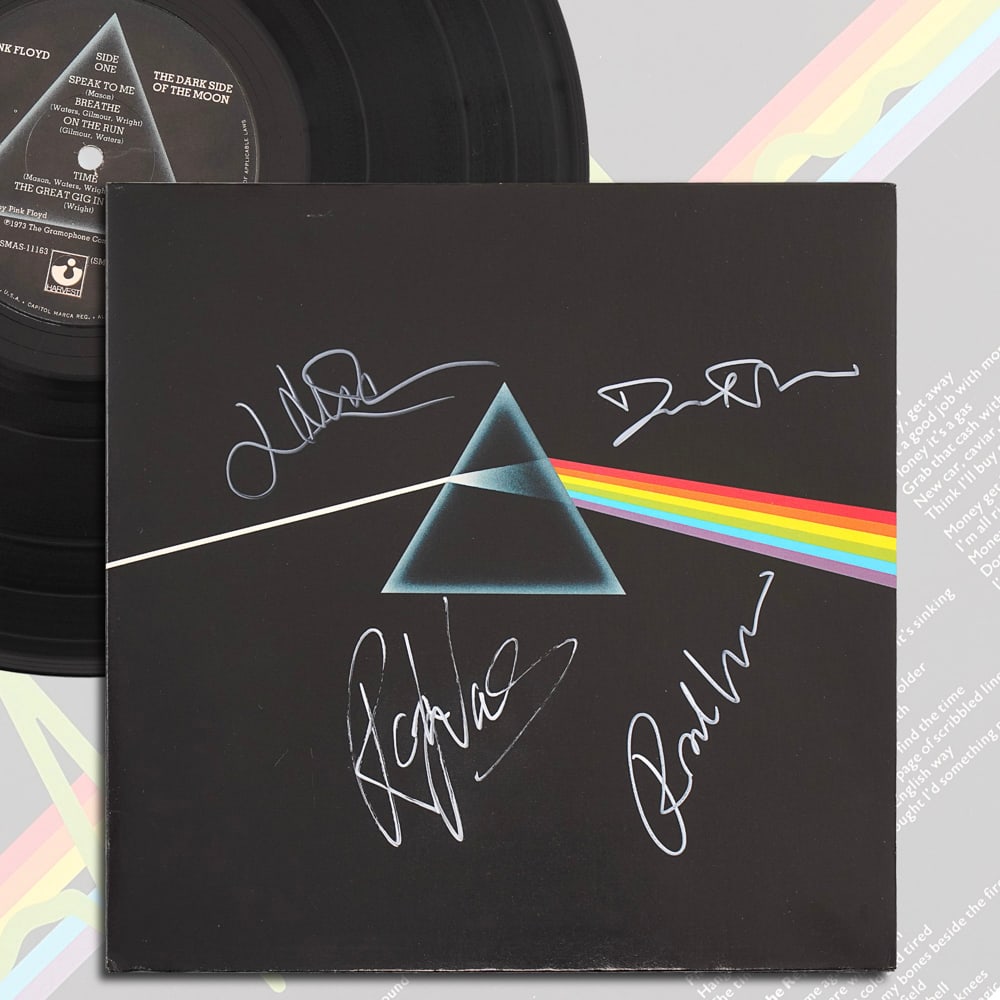 PINK FLOYD FULLY SIGNED "THE DARK SIDE OF THE MOON" LP: 12 1/4 x 12 1/4 in Provenance and authentication: This collectible has undergone a rigorous forensic evaluation. The signatures were carefully analyzed across multiple criteria, including ink