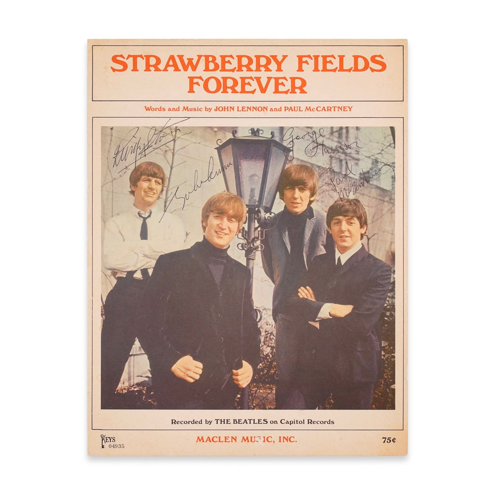 THE BEATLES FULLY SIGNED STRAWBERRY FIELDS FOREVER VINTAGE SHEET MUSIC: 11 x 8 1/2 in (28 x 21.5 cm) This fully signed vintage sheet music for Strawberry Fields Forever represents one of the most exceptional categories of Beatles autographed material, combining a