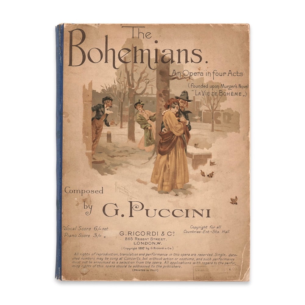GIACOMO PUCCINI SIGNED "THE BOHEMIANS: AN OPERA IN FOUR ACTS" SHEET MUSIC: 10 3/4 x 8 in (27.4 x 20.3 cm) This signed sheet music for The Bohemians represents a rare and historically significant artifact from Giacomo Puccini, one of the most celebrated opera composers in Wes