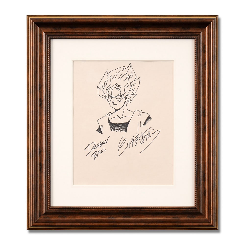 AKIRA TORIYAMA SIGNED DRAGON BALL DRAWING: Image Dimensions: 10 x 8 in (25.3 x 20.4 cm) Framed Dimensions: 17 1/2 x 15 1/2 in (44.5 x 39.5 cm) Provenance and Authentication: This collectible has undergone a rigorous forensic evaluation. The si