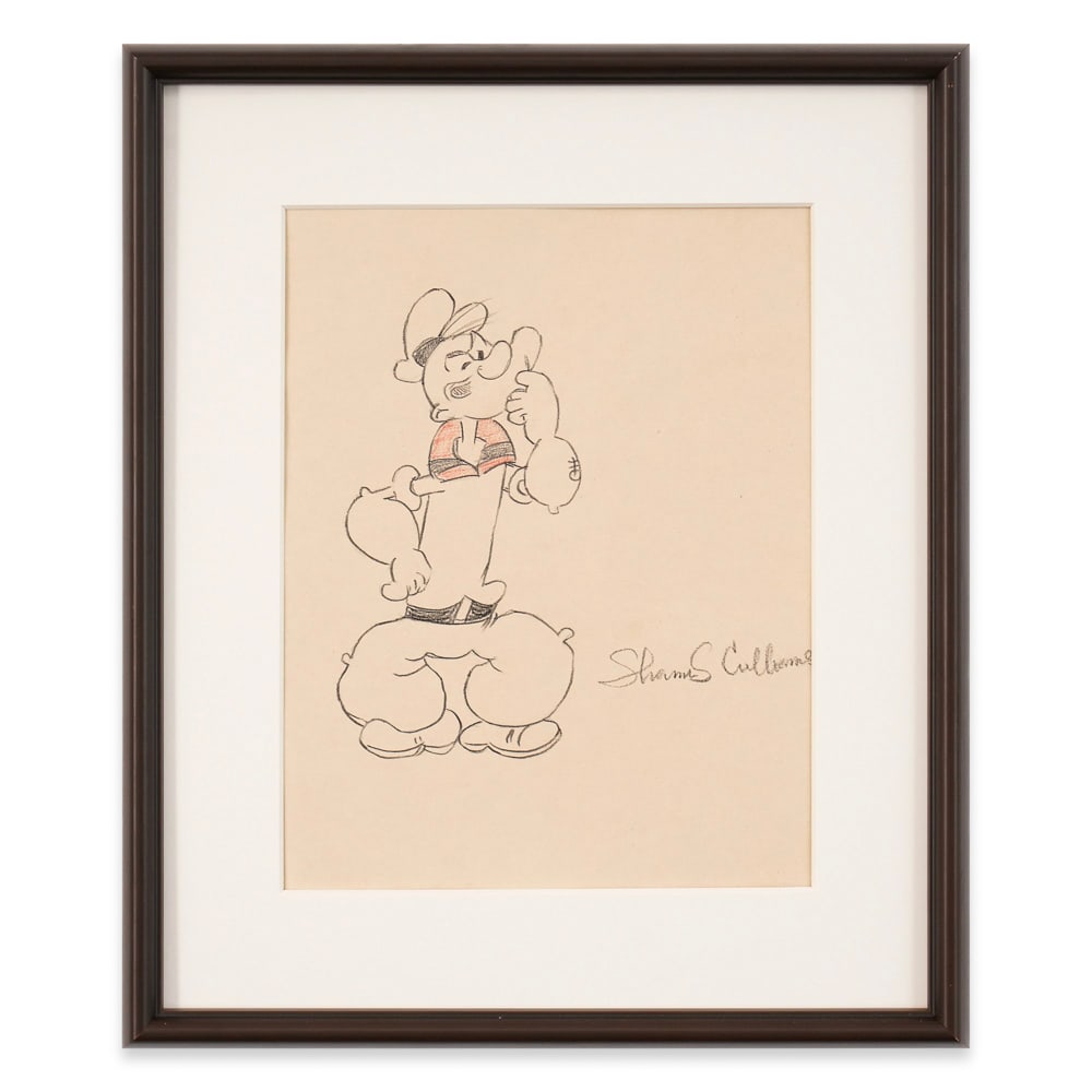 JAMES CULHANE SIGNED SKETCH OF POPEYE: Image Dimensions: 10 3/4 x 8 1/4 in (27.2 x 21 cm) Framed Dimensions: 13 3/8 x 15 7/8 in (34 x 40.3 cm) Provenance and Authentication: This collectible has undergone a rigorous forensic evaluation. Th