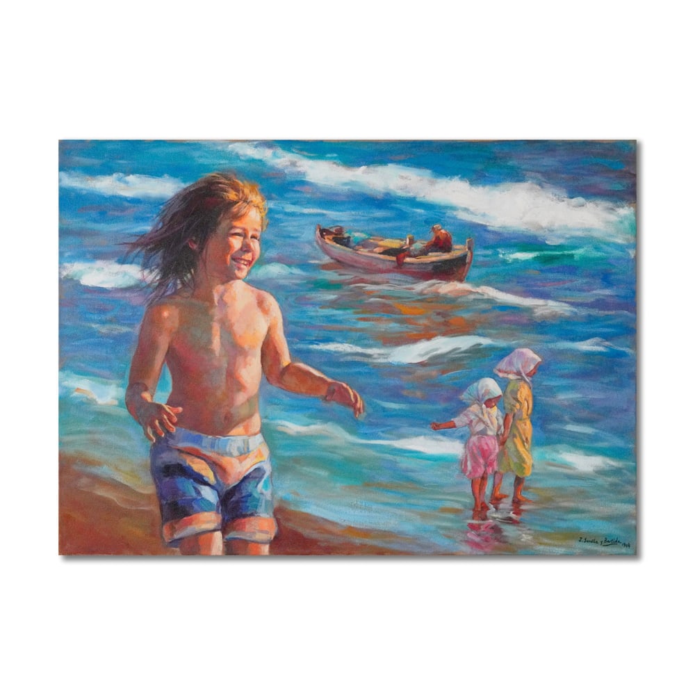 JOAQUIN SOROLLA (1863-1923), ATTRIBUTED TO, OIL ON CANVAS: Signed (lower right) Image Dimensions: 30 x 41 3/4 in (76 x 106 cm) Titled "Boy on the Beach", this work was painted by the renowned Spanish artist Joaquín Sorolla in 1904 and stands as a quintessent