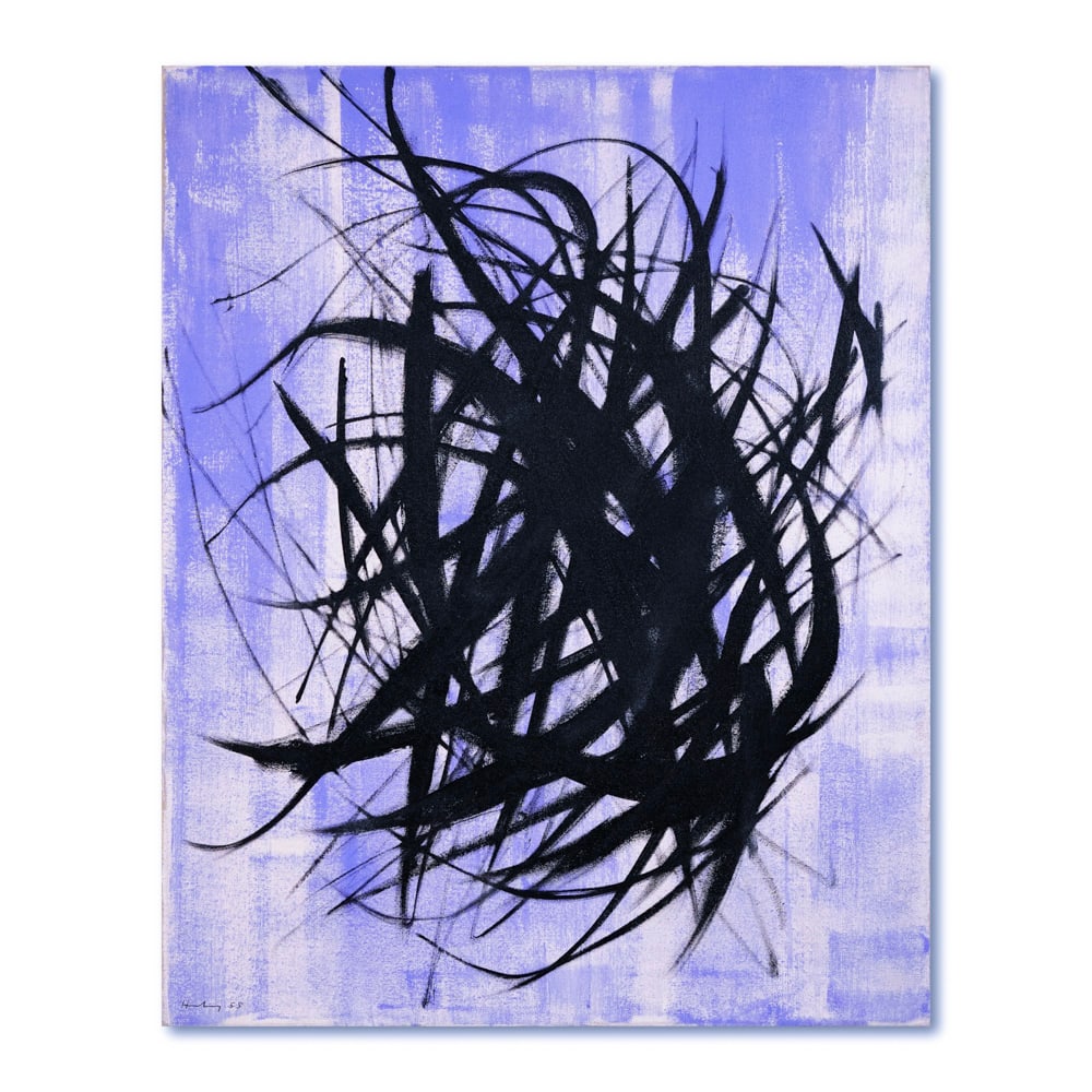 HANS HARTUNG (1904-1989), ATTRIBUTED TO, OIL ON CANVAS: Signed (lower left) Image Dimensions: 100 cm x 80 cm (39 1/2 in x 31 1/2 in) This painting comes with COA. Created in 1955, this striking composition by German master Hans Hartung is a quintessential
