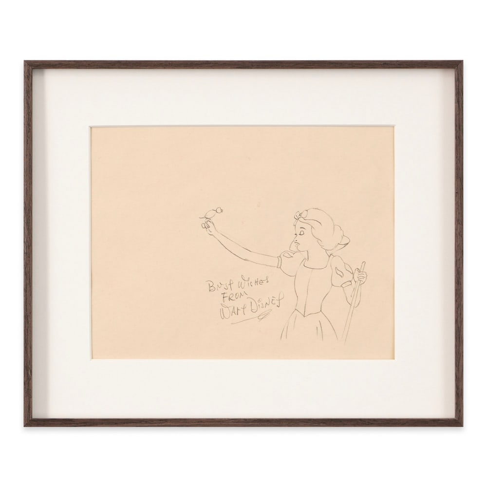 WALT DISNEY SIGNED SNOW WHITE SKETCH: Image Dimensions: 9 5/8 x 7 3/8 in (24.6 x 18.8 cm) Framed Dimensions: 14 1/8 x 11 3/4 in (36 x 30 cm) Provenance and Authentication: This collectible has undergone a rigorous forensic evaluation. The