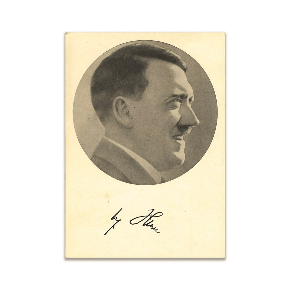 ADOLF HITLER SIGNED POSTCARD: 5 7/8 x 4 1/8 in (14.8 x 10.5 cm) This signed postcard presents a rare and historically significant autograph of Adolf Hitler, one of the most consequential figures of the twentieth century. Items bea
