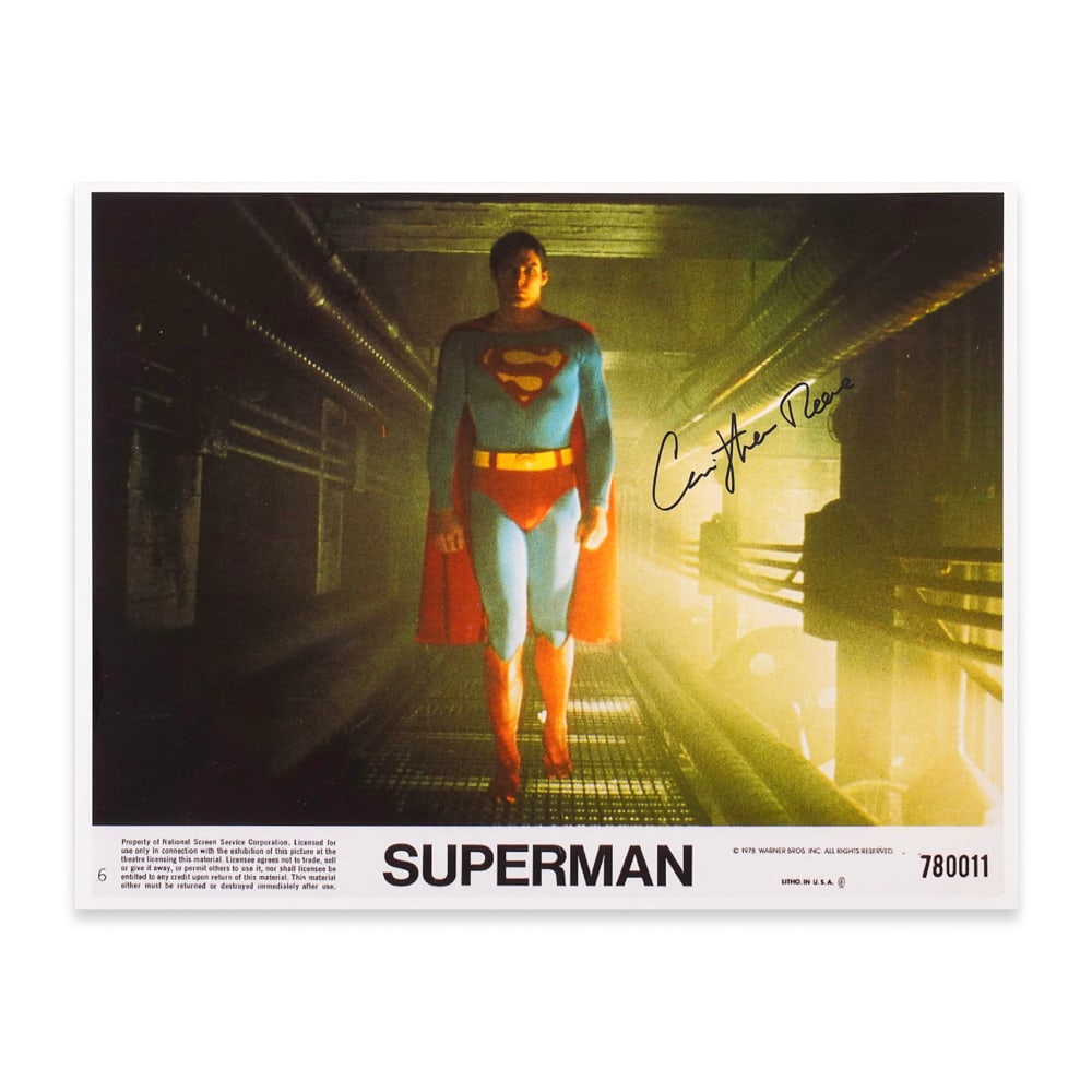 CHRISTOPHER REEVE SIGNED SUPERMAN PROMOTIONAL PHOTOGRAPH: 10 1/4 x 8 1/4 in (26 x 21 cm) Provenance and Authentication: This collectible has undergone a rigorous forensic evaluation. The signatures were carefully analyzed across multiple criteria, including