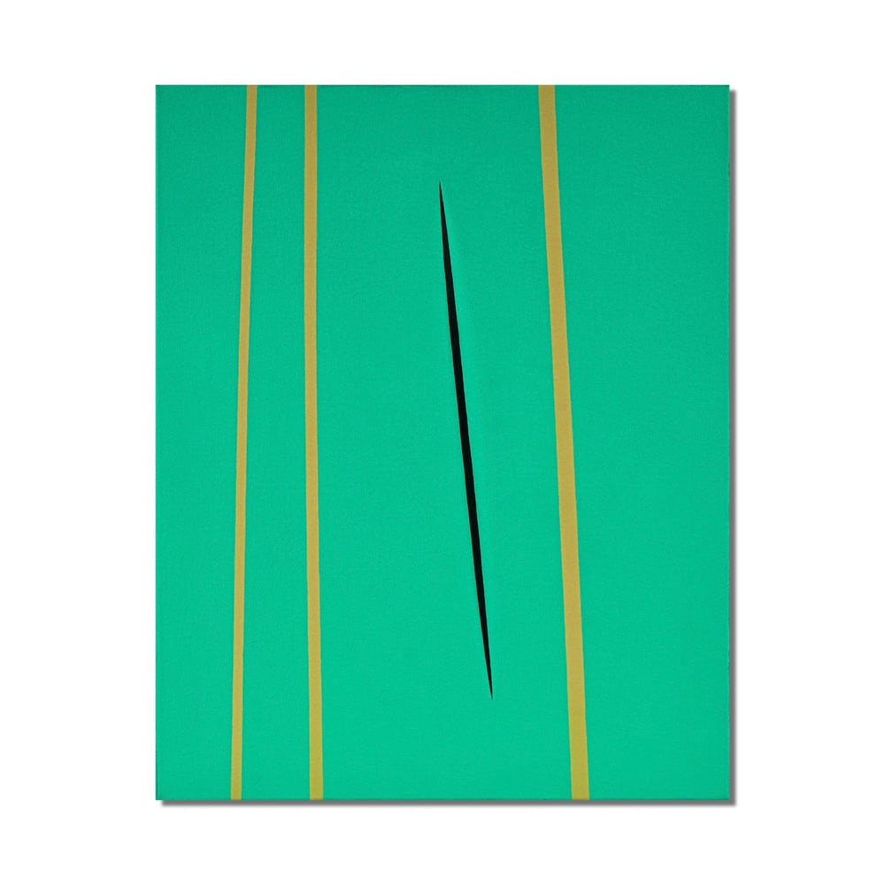 LUCIO FONTANA (1899-1968), ATTRIBUTED TO, WATERPAINT ON CANVAS: Signed (verso) Image Dimensions: 32 x 25 3/4 in (81 x 65 cm) This painting comes with COA. Lucio Fontana occupies a pivotal position in twentieth century art as the founder of Spatialism, a movement t