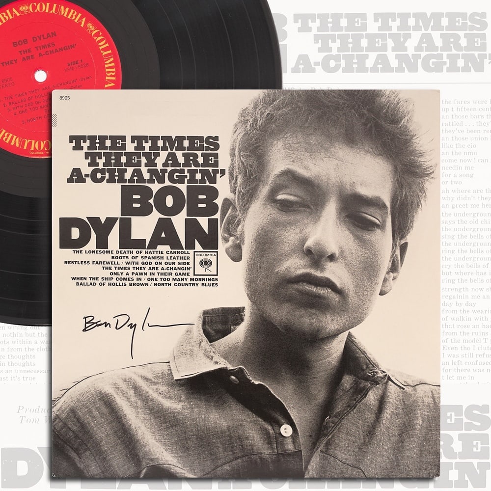 BOB DYLAN SIGNED THE TIMES THEY ARE A-CHANGIN' LP: 12 1/4 x 12 1/4 Provenance and Authentication: This collectible has undergone a rigorous forensic evaluation. The signatures were carefully analyzed across multiple criteria, including ink deposition,