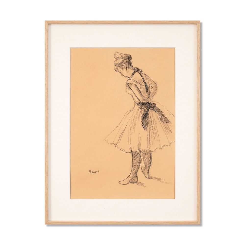 EDGAR DEGAS (1834-1917), ATTRIBUTED TO, CHARCOAL ON PAPER: Signed (lower left) Image Dimensions: 13 1/4 x 9 in (33.5 x 23 cm) Framed Dimensions: 17 3/8 x 13 1/8 in (44 x 33.5 cm) This painting comes with COA. Edgar Degas's Dancer Tying Her Ribbon from 1880 is