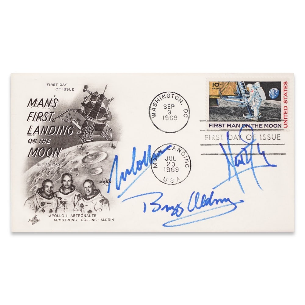 ARMSTRONG, ALDRIN & COLLINS SIGNED APOLLO 11 FIRST DAY COVER: 6 1/2 x 3 5/8 in (16.5 x 9.2 cm) Provenance and Authentication: This collectible has undergone a rigorous forensic evaluation. The signatures were carefully analyzed across multiple criteria, includin