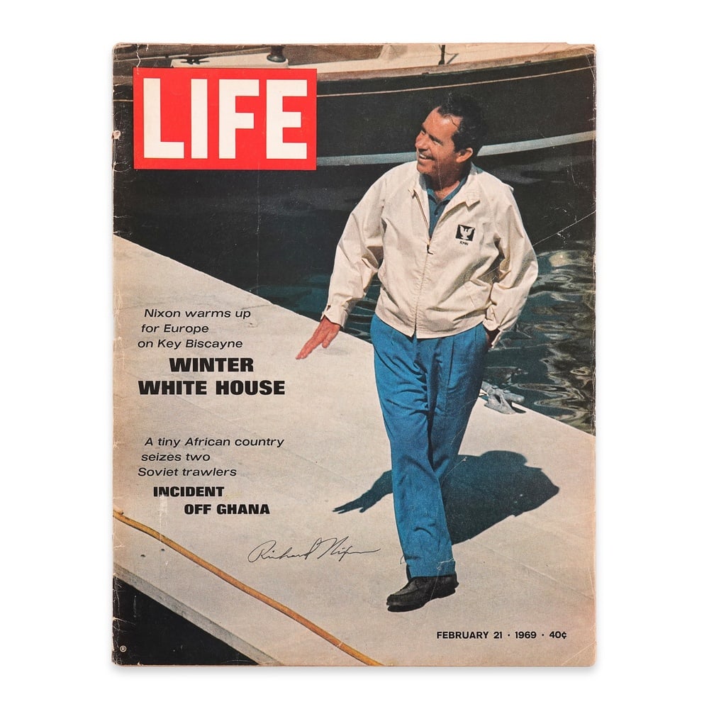 RICHARD NIXON SIGNED LIFE MAGAZINE: 13 3/4 x 10 1/2 in (34.8 x 26.8 cm) Provenance and Authentication: This collectible has undergone a rigorous forensic evaluation. The signatures were carefully analyzed across multiple criteria, inclu