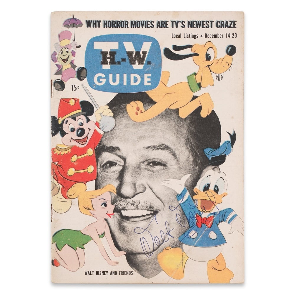 WALT DISNEY SIGNED TV GUIDE MAGAZINE: 7 3/8 x 5 1/8 in (18.9 x 13 cm) Provenance and Authentication: This collectible has undergone a rigorous forensic evaluation. The signatures were carefully analyzed across multiple criteria, including