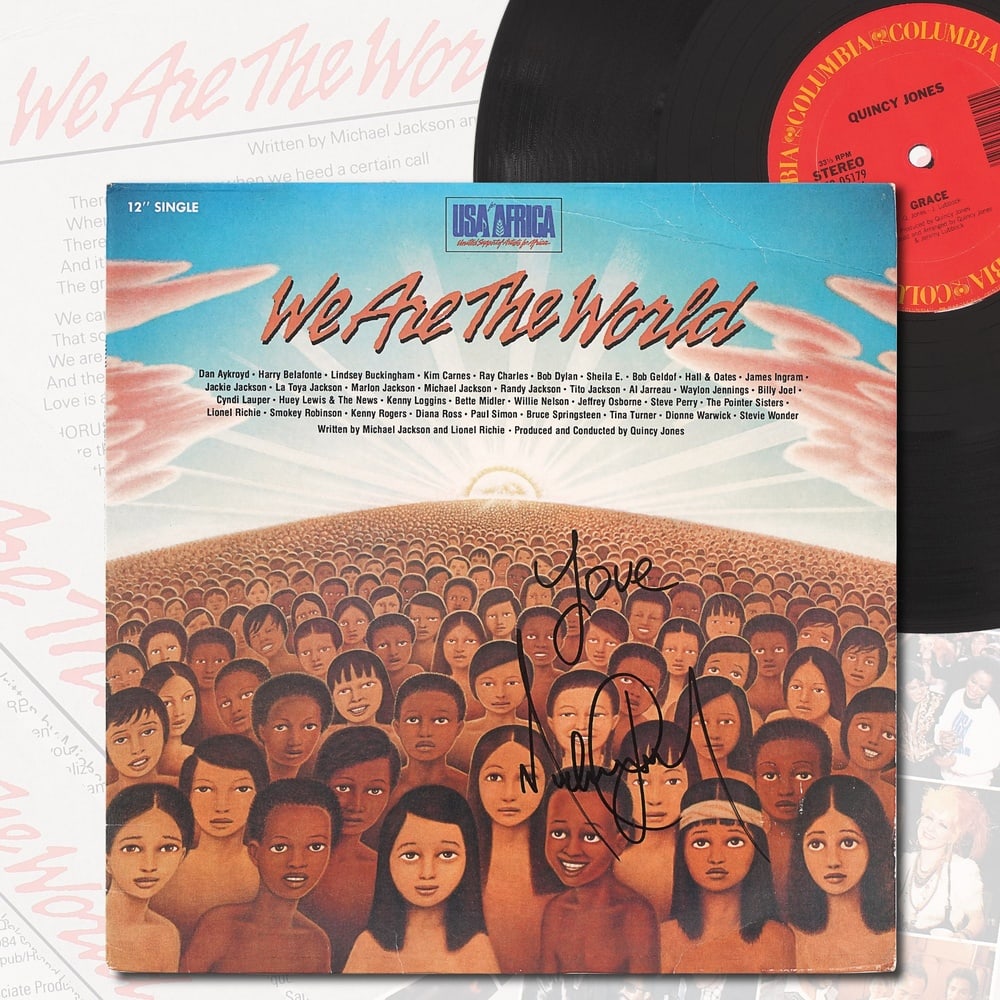MICHAEL JACKSON SIGNED "WE ARE THE WORLD" VINYL: 12 1/4 x 12 1/4 in Provenance and Authentication: This collectible has undergone a rigorous forensic evaluation. The signatures were carefully analyzed across multiple criteria, including ink depositi