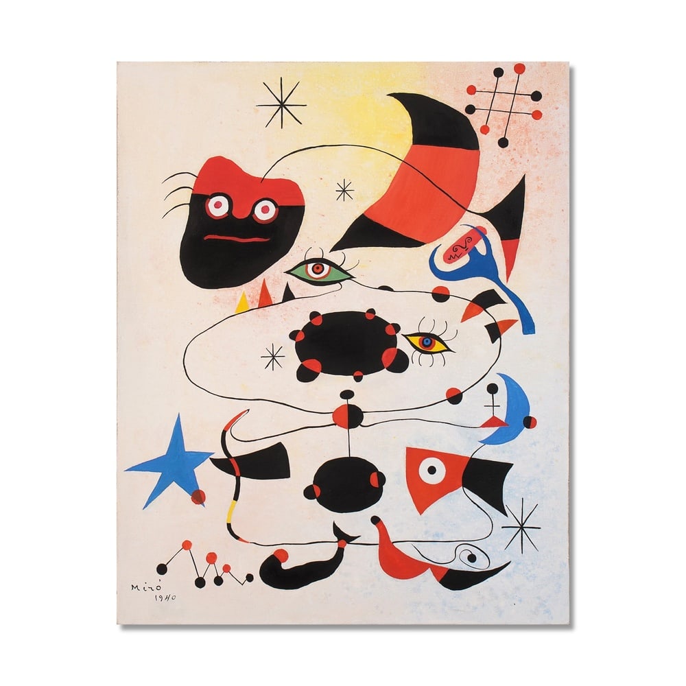 JOAN MIRO (1893-1983), ATTRIBUTED TO, OIL AND CASEIN PAINT ON CANVAS (1 of 2)