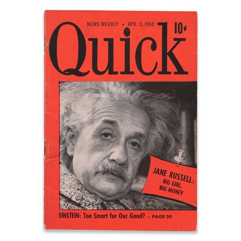 ALBERT EINSTEIN SIGNED QUICK MAGAZINE: 6 1/8 x 4 1/8 in (15.4 x 10.5 cm) Provenance and Authentication: This collectible has undergone a rigorous forensic evaluation. The signatures were carefully analyzed across multiple criteria, includi