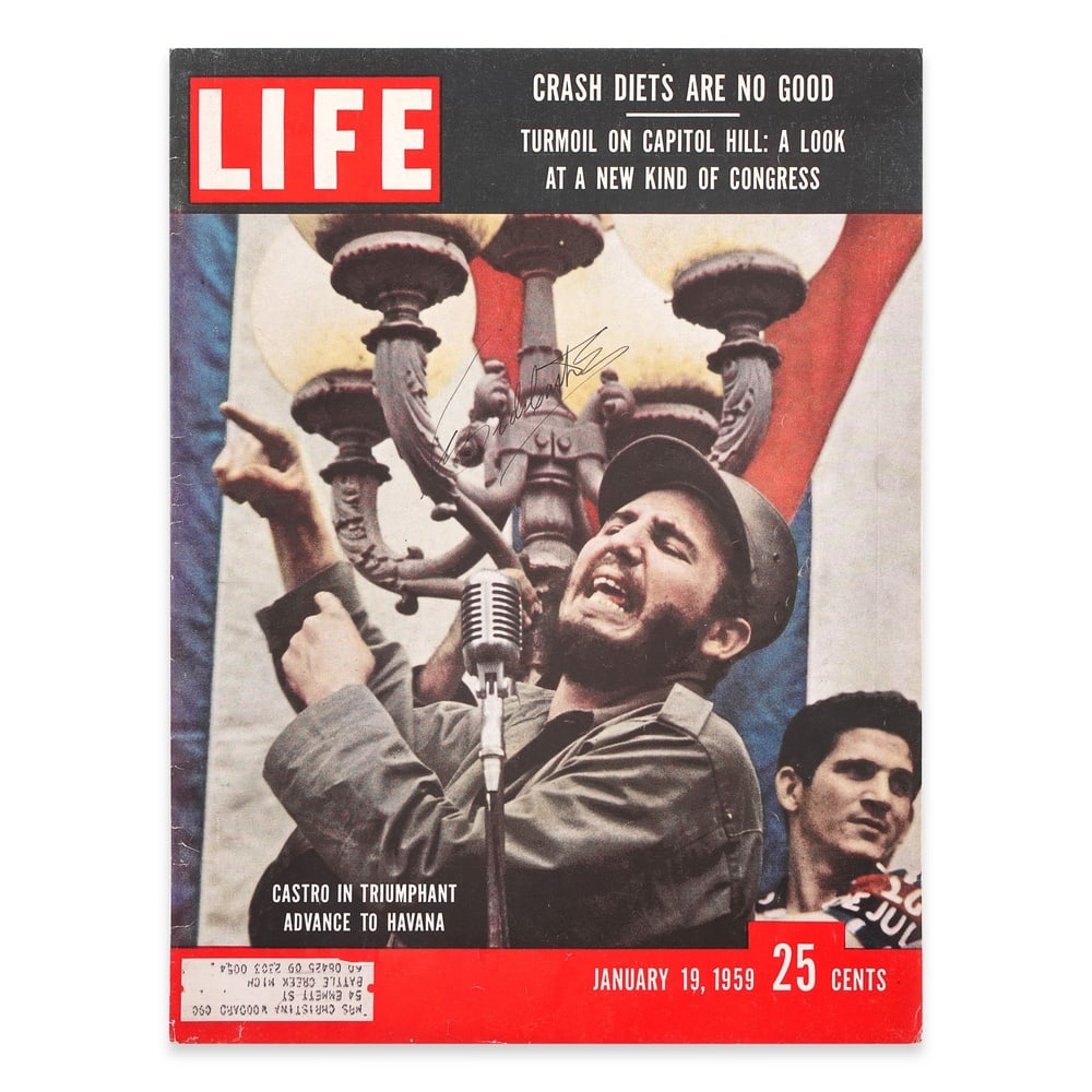 FIDEL CASTRO SIGNED LIFE MAGAZINE COVER (JANUARY 19, 1959): 14 x 10 1/2 in (35.5 x 26.7 cm) Provenance and Authentication: This collectible has undergone a rigorous forensic evaluation. The signatures were carefully analyzed across multiple criteria,