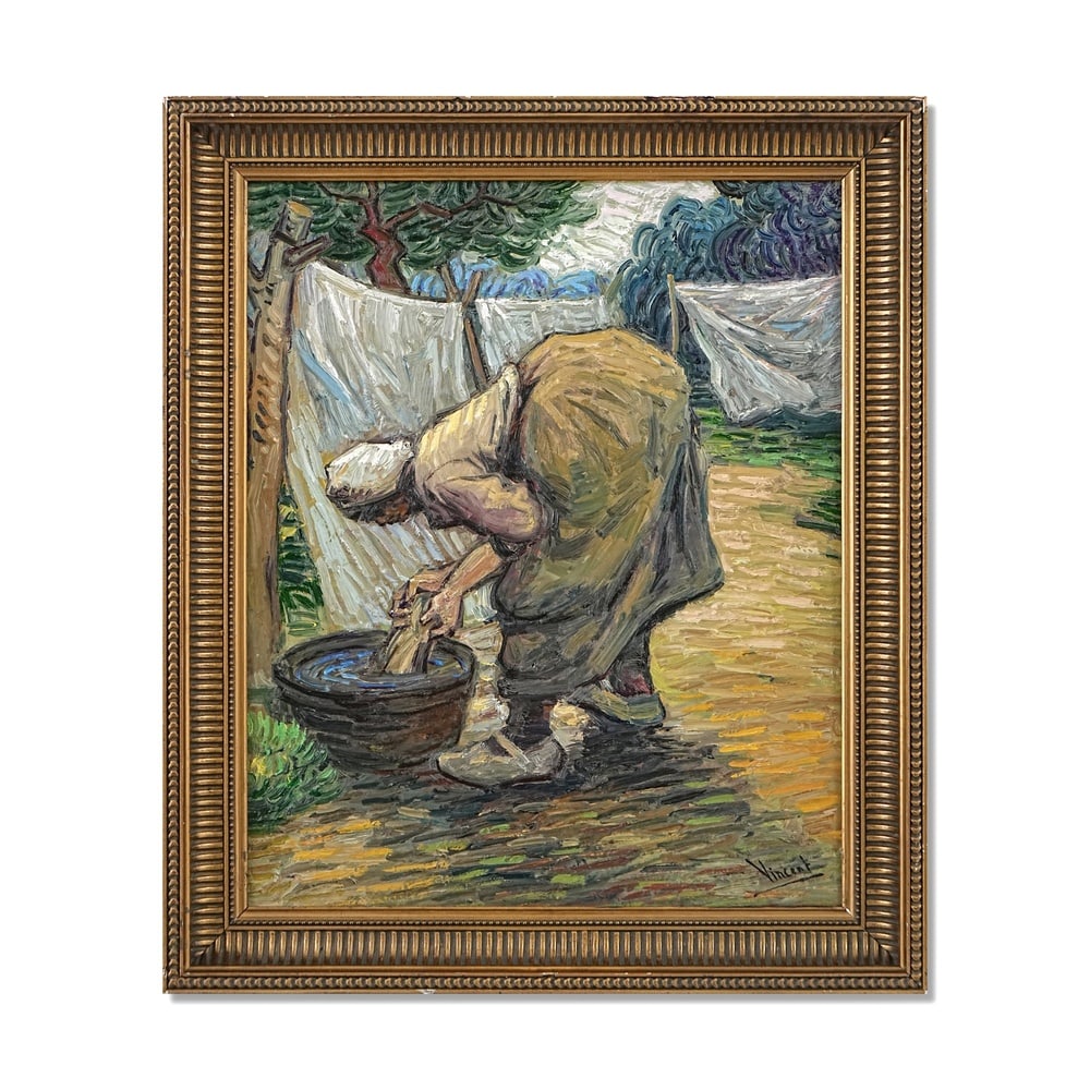 VINCENT VAN GOGH (1853-1890), ATTRIBUTED TO, OIL ON CANVAS: Signed (lower right) Image Dimensions: 18 1/4 x 15 in (46 x 38 cm) Framed Dimensions: 21 1/4 x 18 1/8 in (54 x 46 cm) This painting comes with COA. This painting titled Femme qui lave au baquet,